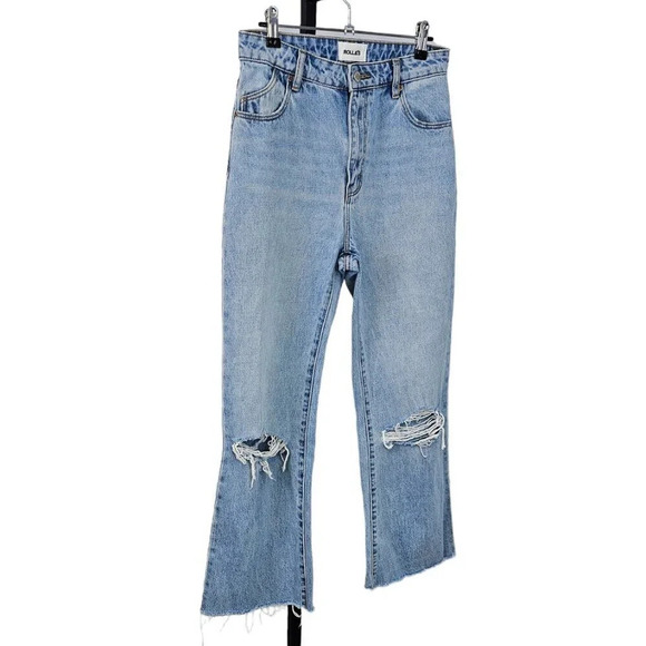 Revolve ROLLA'S East Coast Flare Crop Size 27 Blue Distressed High Rise Liv Worn - Picture 6 of 13
